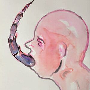 Bild eines rosafarbenen, glatzköpfigen Gesichts im Profil aus dem Mund windet sich eine Art Stachel im Bogen nach oben
