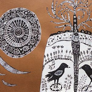 Abstraktes Bild - grundfarbe braun, abstrakte Vögel unter einem abstrakten Baum und abstrakte Blumen in schwarzr