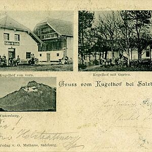 Drei Bilder vom frueheren Kugelhof auf einem alten Blatt Papier.