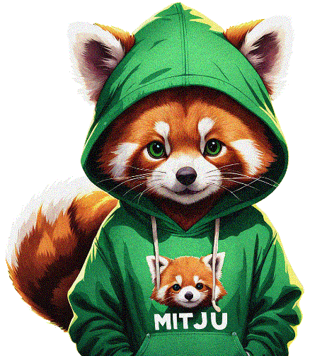 Ein Cartoon Panda der einen grünen Hoody mit Kapuze trägt, die Ohren schauen aber aus der Kapuze heraus. Auf der Vorderseite des Hoodies ist das Gesicht des Fuchses und darunter der Schriftzug MITJU abgebildet.