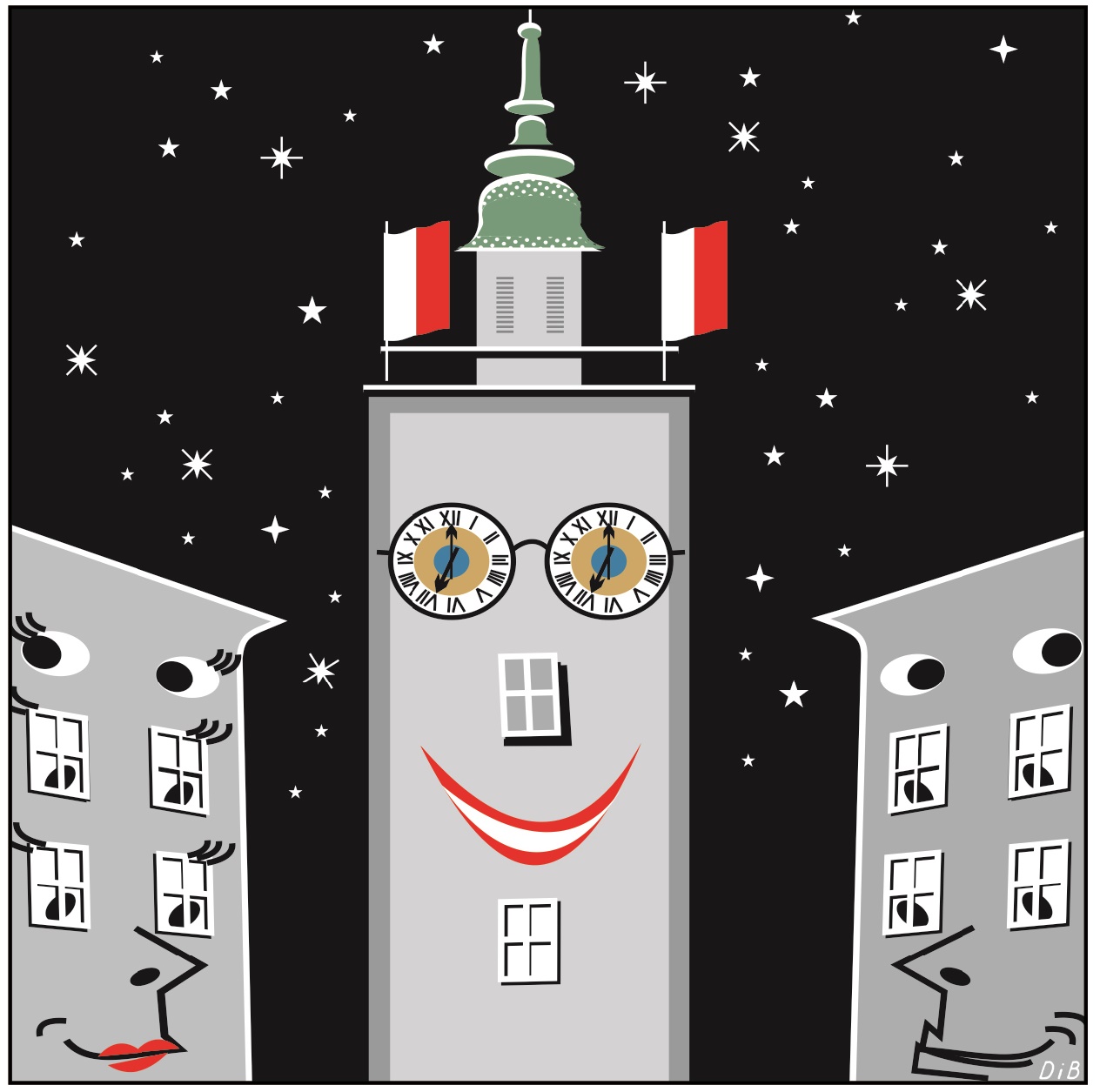 Karikatur des Salzburger Rathausturmes als lächelndes Gesicht, links daneben ein weibliches und rechts daneben ein männliches, jeweils ebenfalls  lächelndes, Haus.