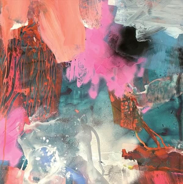 Abstrakte Malerei in den Hauptfarben rosa/rot, türkis/blau, hellgrau/weiß