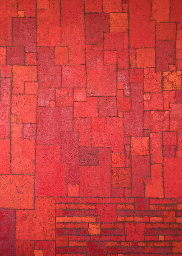 Abstraktes Bild mit unterschieldichen Rechtecken in rot und orange Tönen