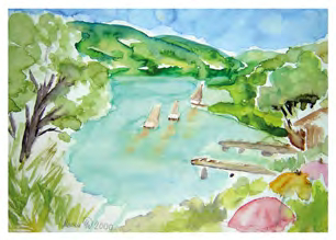 Aquarell eines kleinen Sees mit Badesteg und Segelbooten