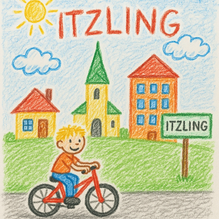 "Mein Itzling von morgen" Buntstiftzeichnung: Fahrrad fahrendes Kind vor einem Ort mit Kirche und einem Ortsschild "Itzling"