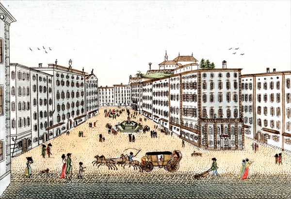Darstellung des Marktplatzes rund um den Florianibrunnen um 1800.