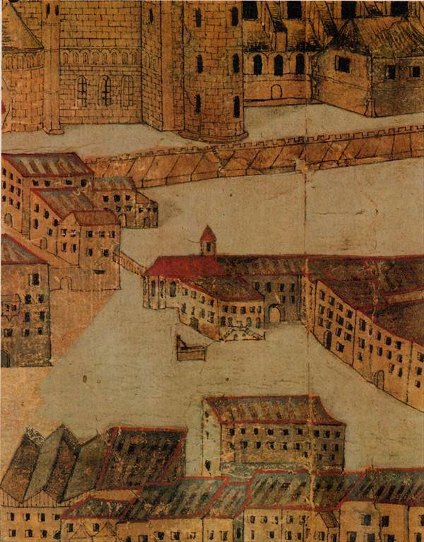 Darstellung der Gebaude um den Waagplatz im Hintergrund die Stadtmauer mit dem Dom dahinter.