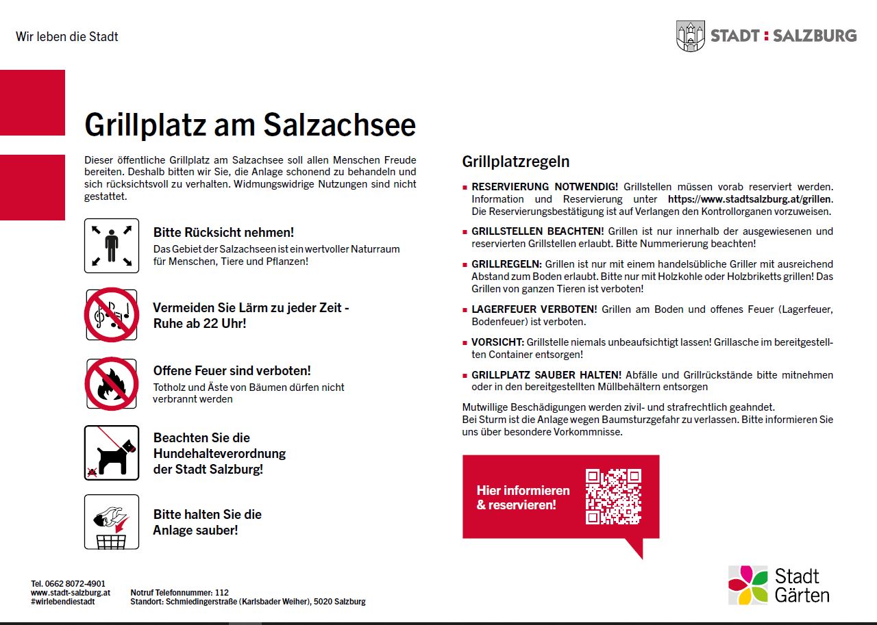 Grillplatzregeln Das Bild zeigt die Grillplatzregeln am Salzachsee.