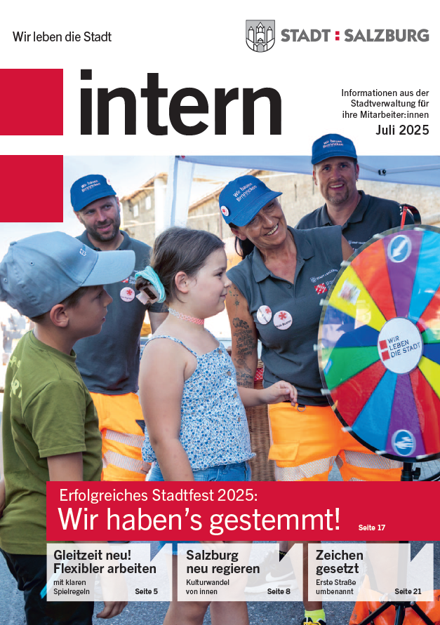 Das Mitarbeiter:innen-Magazin "Intern" ist ein wesentlicher Bestandteil der Internen Kommunikation in der Stadtverwaltung. Titelbild Intern Juli 2025.