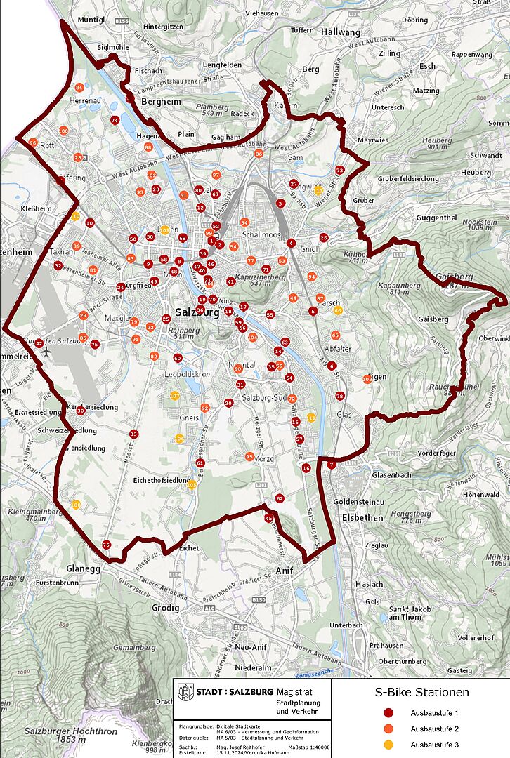Eine erste Ansicht der Stationen: Insgesamt 100 Stationen sollen im gesamten Stadtgebiet zu finden sein, um die "erste und letzte Meile" auf das Rad umzustellen. Übersichtsplan der Stationen im Stadtgebiet Salzburg.