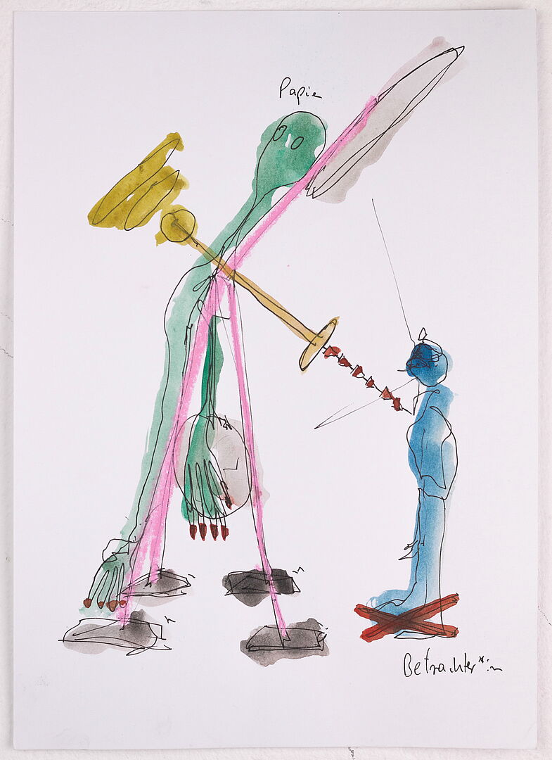 „Selbstbetrachtungsmaschine“ (Introspection Machine), Aquarell, Stift auf Papier, 30 cm x 21 cm, 2025